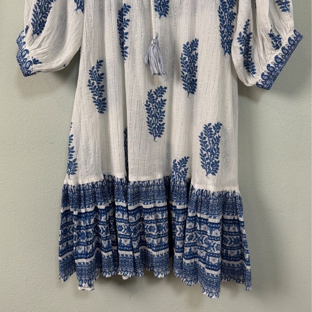 Daughters of India Mishka‎ Dress Blue White Boho Metallic Lurex Mini Size L NEW - Picture 5 of 12